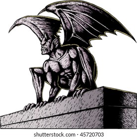 Gargoyle perched atop a building, ready to pounce. With .eps, Gargoyle, wings and buidling are all on separate layers, so can be easily moved or removed.