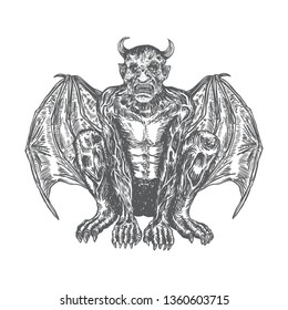 Gargoyle in sitting aggressive position to attack  Human and dragon bat like demon Chimera fantastic beast creature with horns fangs and claws. Hand drawn gothic guardians at medieval. Vector 