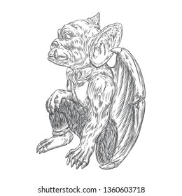 Gargoyle in sitting aggressive position to attack  Human and dragon bat like demon Chimera fantastic beast creature with horns fangs and claws. Hand drawn gothic guardians at medieval. Vector 
