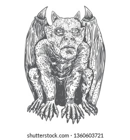 Gargoyle in sitting aggressive position to attack  Human and dragon bat like demon Chimera fantastic beast creature with horns fangs and claws. Hand drawn gothic guardians at medieval. Vector 