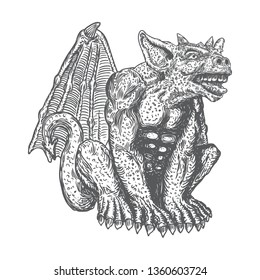 Gargoyle in sitting aggressive position to attack  Human and dragon bat like demon Chimera fantastic beast creature with horns fangs and claws. Hand drawn gothic guardians at medieval. Vector 