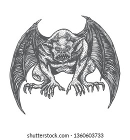 Gargoyle in sitting aggressive position to attack  Human and dragon bat like demon Chimera fantastic beast creature with horns fangs and claws. Hand drawn gothic guardians at medieval. Vector 