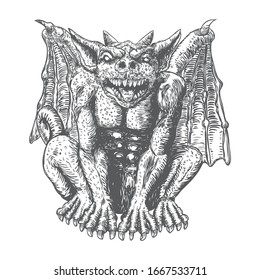 Gargoyle in sitting aggressive position to attack  Human and dragon bat like demon Chimera fantastic beast creature with horns fangs and claws. Hand drawn gothic guardians at medieval. Vector 