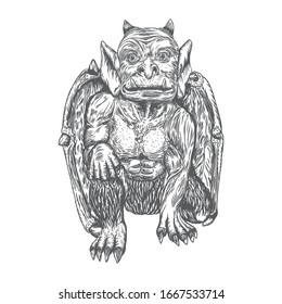 Gargoyle in sitting aggressive position to attack  Human and dragon bat like demon Chimera fantastic beast creature with horns fangs and claws. Hand drawn gothic guardians at medieval. Vector 