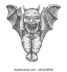 Gargoyle in sitting aggressive position to attack  Human and dragon bat like demon Chimera fantastic beast creature with horns fangs and claws. Hand drawn gothic guardians at medieval. Vector 