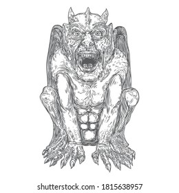 Gargoyle sentado en posición agresiva para atacar al murciélago humano y dragón como la bestia fantástica del demonio Chimera con colmillos y garras. Hand atrajo a guardianes góticos en la Edad Media. Vector 