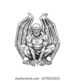 Gargoyle in sitting position,  Human and dragon bat like demon Chimera fantastic beast creature with horns fangs and claws. Hand drawn gothic guardians at medieval. Vector illustraion.