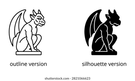 Gargoyle stone statue icon set with outline and solid black silhouette design for gothic architecture art