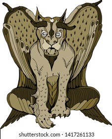 Gargoyle. Vector hand drawing illustration. Isolated on white. Medieval beasts. Colorful illustration. 
