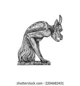 Gargoyle, vintage illustration in engraving style. Medieval chimera statue, hand drawing in vector.