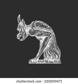 Gargoyle, vintage illustration in engraving style. Medieval chimera statue, hand drawing in vector.