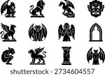Gargoyles and gothic statues icons vector set in black silhouette style, including crouching gargoyle, lion statue, dragon on pedestal, angry face, griffin, winged beast, praying angel, gothic arch, seated gargoyle, column and bat winged demon, ideal for cathedral art, fantasy games and dark illustrations.