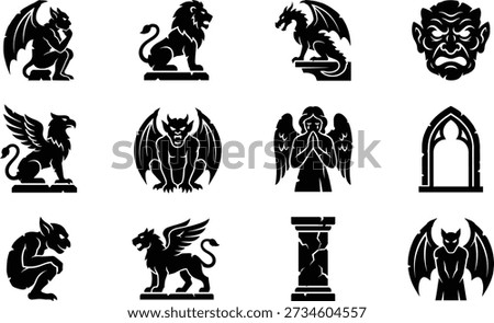 Gargoyles and gothic statues icons vector set in black silhouette style, including crouching gargoyle, lion statue, dragon on pedestal, angry face, griffin, winged beast, praying angel, gothic arch, seated gargoyle, column and bat winged demon, ideal for cathedral art, fantasy games and dark illustrations.