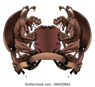 Gargoyles with shield and banner. Heraldic design element.

Two gothic beasties (Gargoyles), sitting around shield. Heraldic design element with shield and banner. 