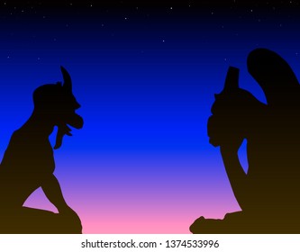 Gargoyles and starry sky, vector graphics