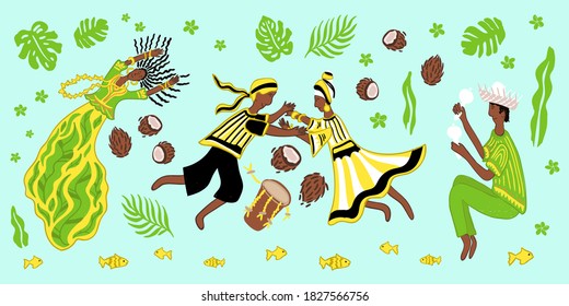 Garifuna people illustration in national clothes and colors. Black Belize Traditional Garifuna Drumming and dancing people colorful vector illustration.