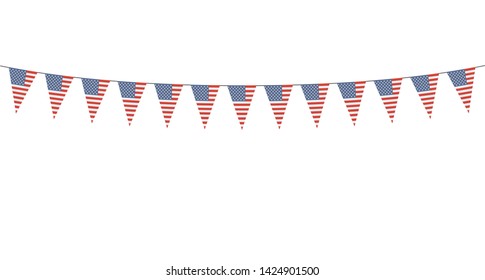 Garland with American pennants on a white background 