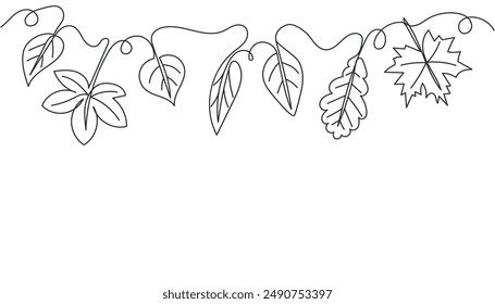 Garland of autumn leaves, hand-drawn in one line. Vector illustration of a continuous line of leaves of different shapes.