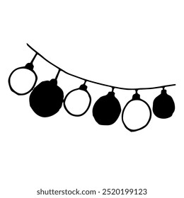 Garland with balls for christmas new year, xmas, birthday party decoration. White and black simple line vector design doodle elements.