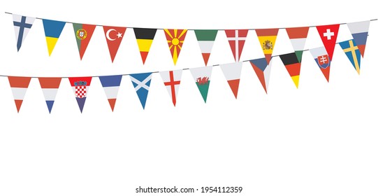 Garland banners with pennants of different European countries on white background 