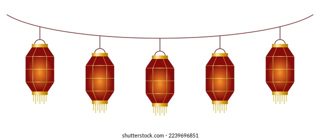 Garland with beautiful red Chinese lanterns on white background