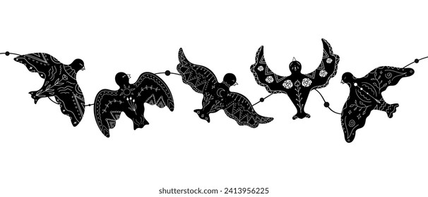 Garland with black hand drawn dove silhouettes decorated with white ornament and floral arrangement. Birds drawing in boho style. Vector illustration