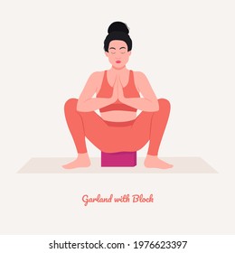 Garland with Block Yoga pose. Young woman practicing yoga  exercise. Woman workout fitness, aerobic and exercises. Vector Illustration.