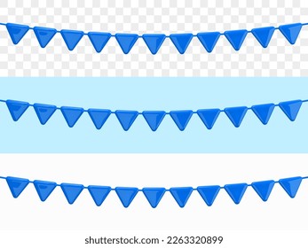 Garland of Blue Flags. Festive party decorative design. Realistic 3d design template in plastic cartoon style. Isolated on transparent, green and white background. 3D Vector illustration