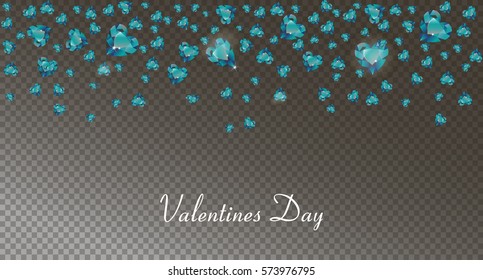 garland from  blue hearts falling down, gemstones, diamonds decorative beautiful background for the invitation, a banner, a card for St. Valentine's Day,  