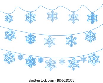 Garland of blue snowflakes. Set. Simple minimalistic Christmas decorations. Vector illustration.