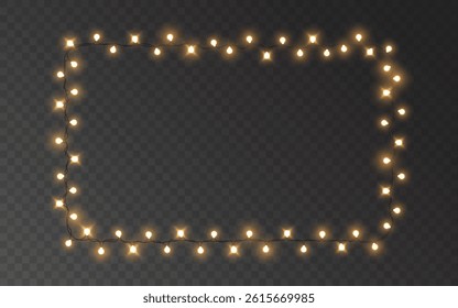 Garland border. Christmas party lights frame with glowing gold bulbs on transparent background. Festive template for celebration and decoration design. Vector illustration.