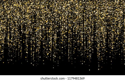 Garland border gold glitter vector background illustration. Glamour glowing holiday lights shine effect. Hanging vertical gold garlands glossy Christmas border festival square confetti vector.