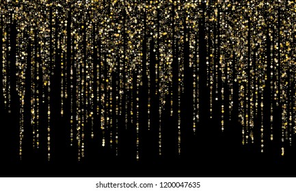 Garland border gold glitter vector background illustration. Premium glowing holiday lights shine effect. Hanging vertical gold garlands glossy Christmas border festival square confetti vector.