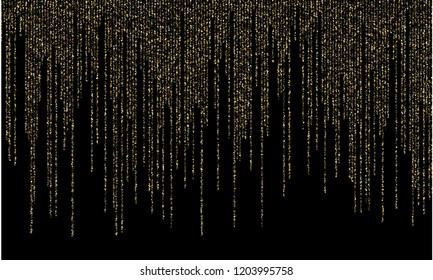 Garland border gold glitter vector background illustration. VIP glowing holiday lights shine effect. Hanging vertical gold garlands glossy Christmas border party design.