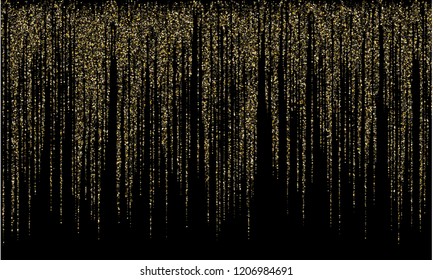 Garland border gold glitter vector background illustration. VIP glowing holiday lights shine effect. Hanging vertical gold garlands square sparkles vector.