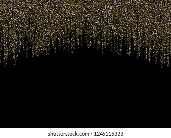 Garland border gold glitter vector background illustration. VIP glowing holiday lights shine effect. Hanging vertical gold garlands square sparkles design.