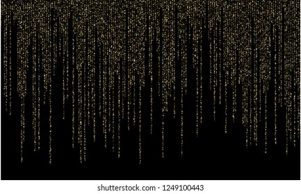 Garland border gold glitter vector background illustration. VIP glowing holiday lights shine effect. Hanging vertical gold garlands glossy Christmas border carnival square confetti design.