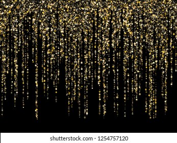 Garland border gold glitter vector background illustration. VIP glowing holiday lights shine effect. Hanging vertical gold garlands glossy Christmas border carnival square confetti design.