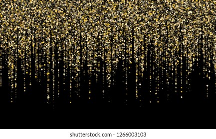 Garland border gold glitter vector background illustration. VIP glowing holiday lights shine effect. Hanging vertical gold garlands glossy Christmas border square sparkles graphics.