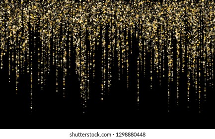 Garland border gold glitter vector background illustration. VIP glowing holiday lights shine effect. Hanging vertical gold garlands square sparkles design.