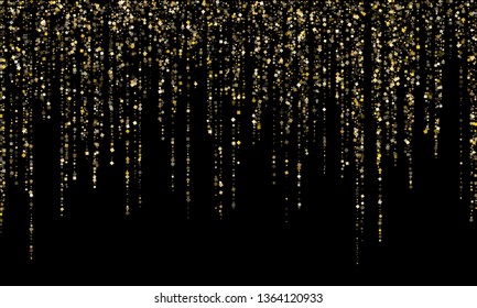 Garland border gold glitter vector background illustration. VIP glowing holiday lights shine effect. Hanging vertical gold garlands square sparkles design.