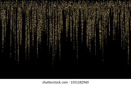 Garland border gold glitter vector background illustration. Premium glowing holiday lights shine effect. Hanging vertical gold garlands square sparkles vector.