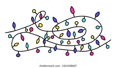 Garland with bulbs, drawn by hand. Color vector illustration. The item is drawn by hand. Element for New Year and Christmas design. Wound garland with colorful lights