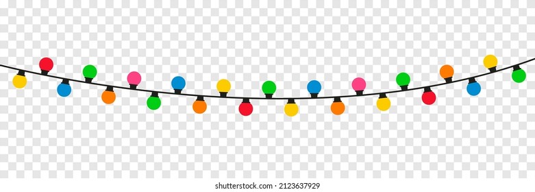 Garland of bulbs. Flat Light bulbs with string isolated on transparent background. Christmas and holiday decoration. Blue, red, yellow bright lamp hanging on string for party. Vector.