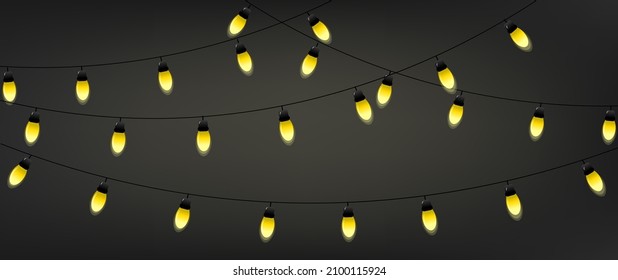 Garland with bulbs. Holiday decoration lanterns with yellow glare. Birthday, wedding, party, festival. Collection of burning lamps. Illuminate in the evening. Vector illustration.	