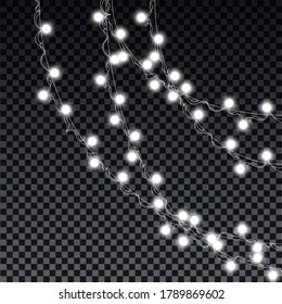 Garland bulbs isolated on transparent background. Christmas decorations lights effects. Glowing lights of garland bulbs for Xmas Holiday, birthday greeting card, invitations party, banners, posters