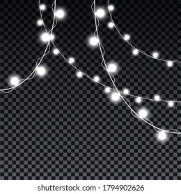 Garland bulbs isolated on transparent background. Christmas decorations lights effects. Garland bulbs for Xmas Holiday, birthday greeting card, invitations party, banners, posters, web design