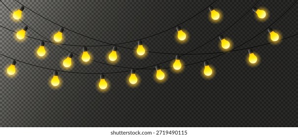 Girlande mit Glühbirnen mit Blitzeffekt einzeln auf dunklem, transparentem Hintergrund. Helle Girlande Dekoration.Geburtstag, Hochzeit, Weihnachten, Neujahr Dekorationen.Weihnachtslampen Design.Vektorgrafik. 