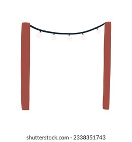 Garland with bulbs on wooden stand, cartoon flat vector illustration isolated on white background. Hand drawn fairy lights, lighting equipment. Holiday decor. Outside lights.