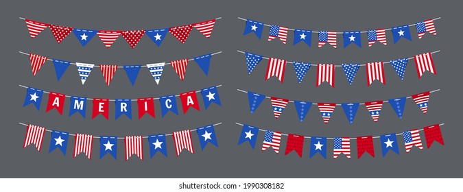 Garland Bunting American Flag Independence Day Flat Set. USA Celebration Party Hanging Flags. Patriotic Buntings Pennants Striped Decoration. 4th Of July Happy Independence Day Festival. Vector